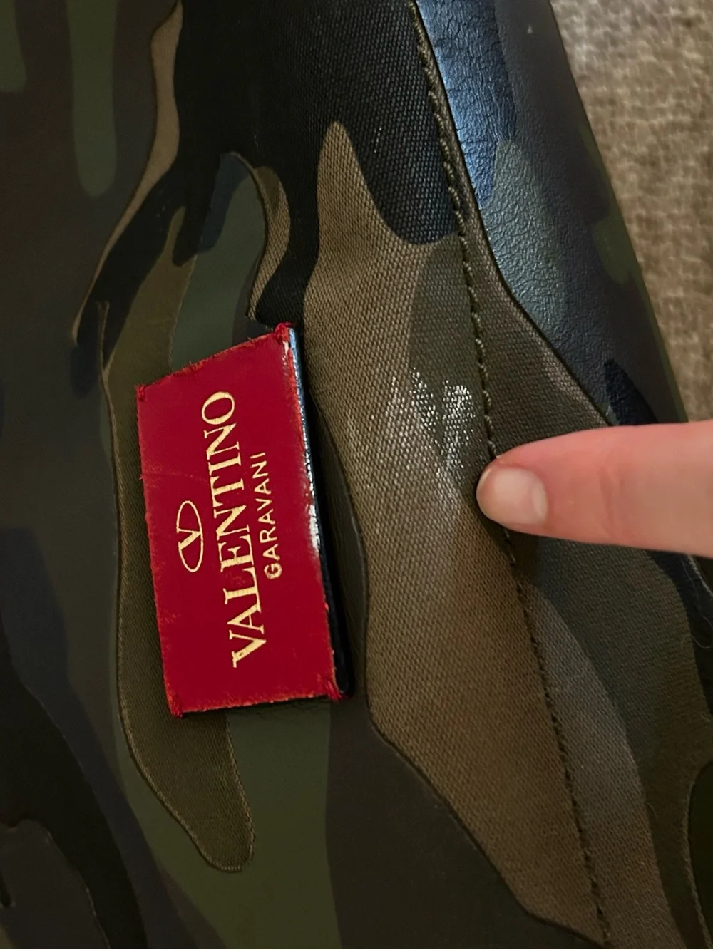 Valentino Garavani Rockstud Camouflage Tote with Red Handles and Gold Studs